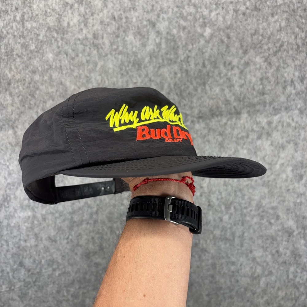 Vintage Bud Dry Snapback Hat Why Ask Why 90s USA Black Beer Cap - Picture 2 of 8